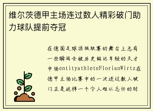 维尔茨德甲主场连过数人精彩破门助力球队提前夺冠